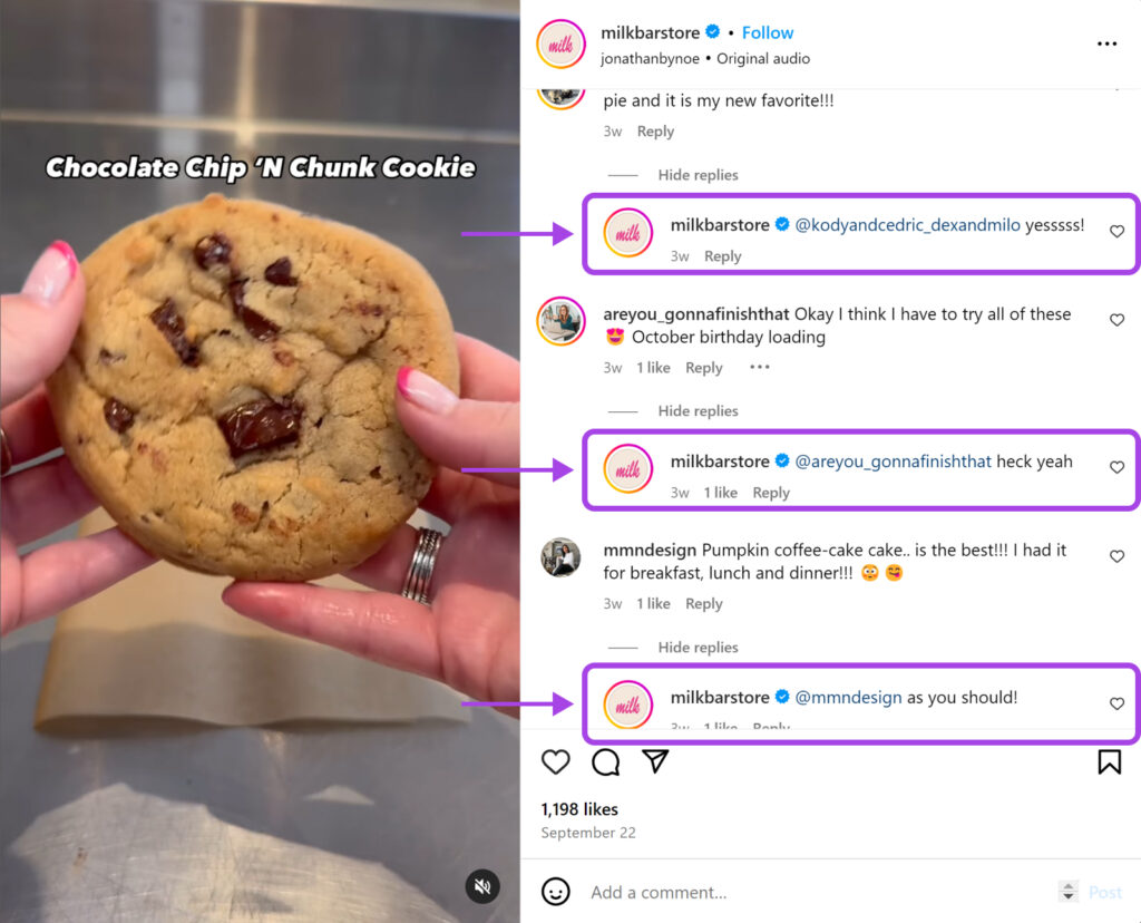 Publicación de Instagram de @milkbarstore sobre galletas con chispas de chocolate, mostrando la cuenta de la empresa respondiendo a cada uno de los comentarios. 