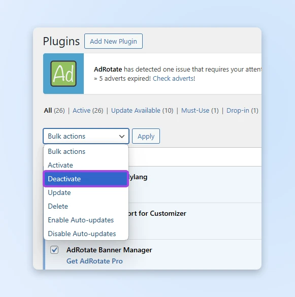 Close up of the top of the plugins setting with the "bulk actions" drop-down selected to "deactivate" 