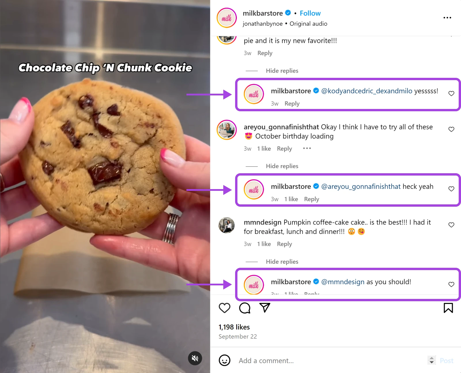 Instagram post from @milkbarstore about chocolate chip cookies showing the company account responding to each and every comment 