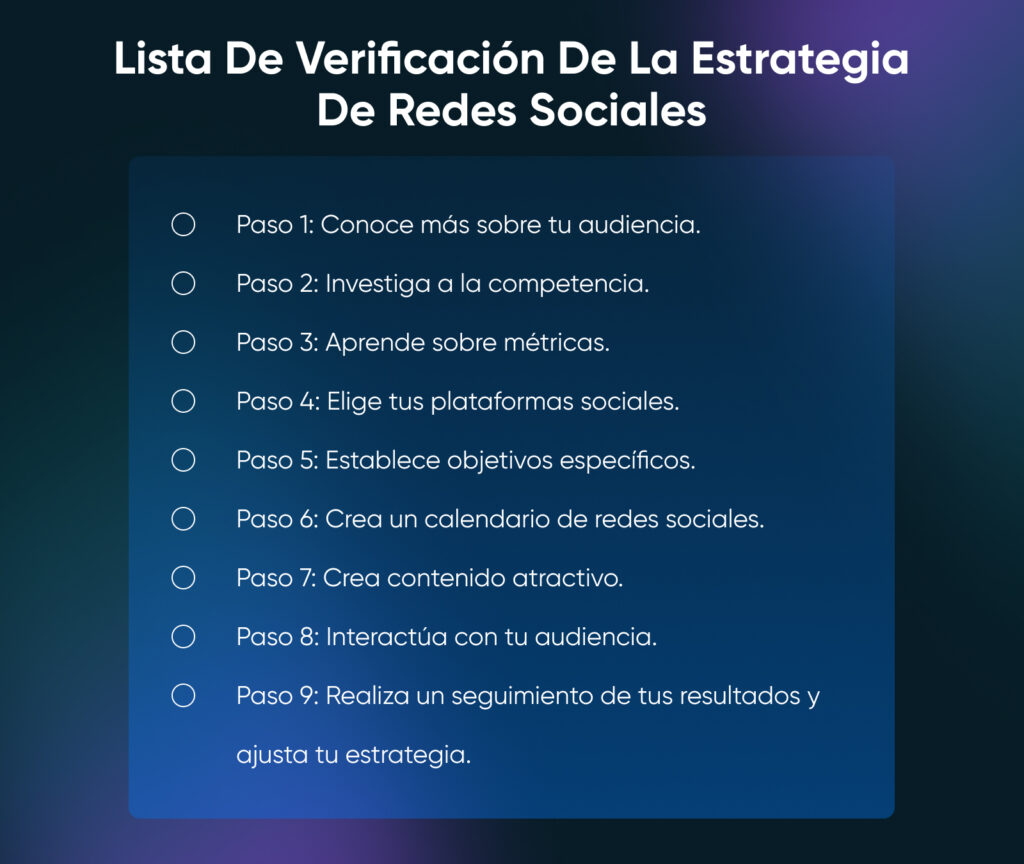 Una lista de verificación de estrategia de redes sociales de 9 pasos que incluye: Paso 1: Obtenga más información sobre su audiencia, Paso 5: Establezca objetivos específicos y Paso 9: Realice un seguimiento de sus resultados y ajuste su estrategia