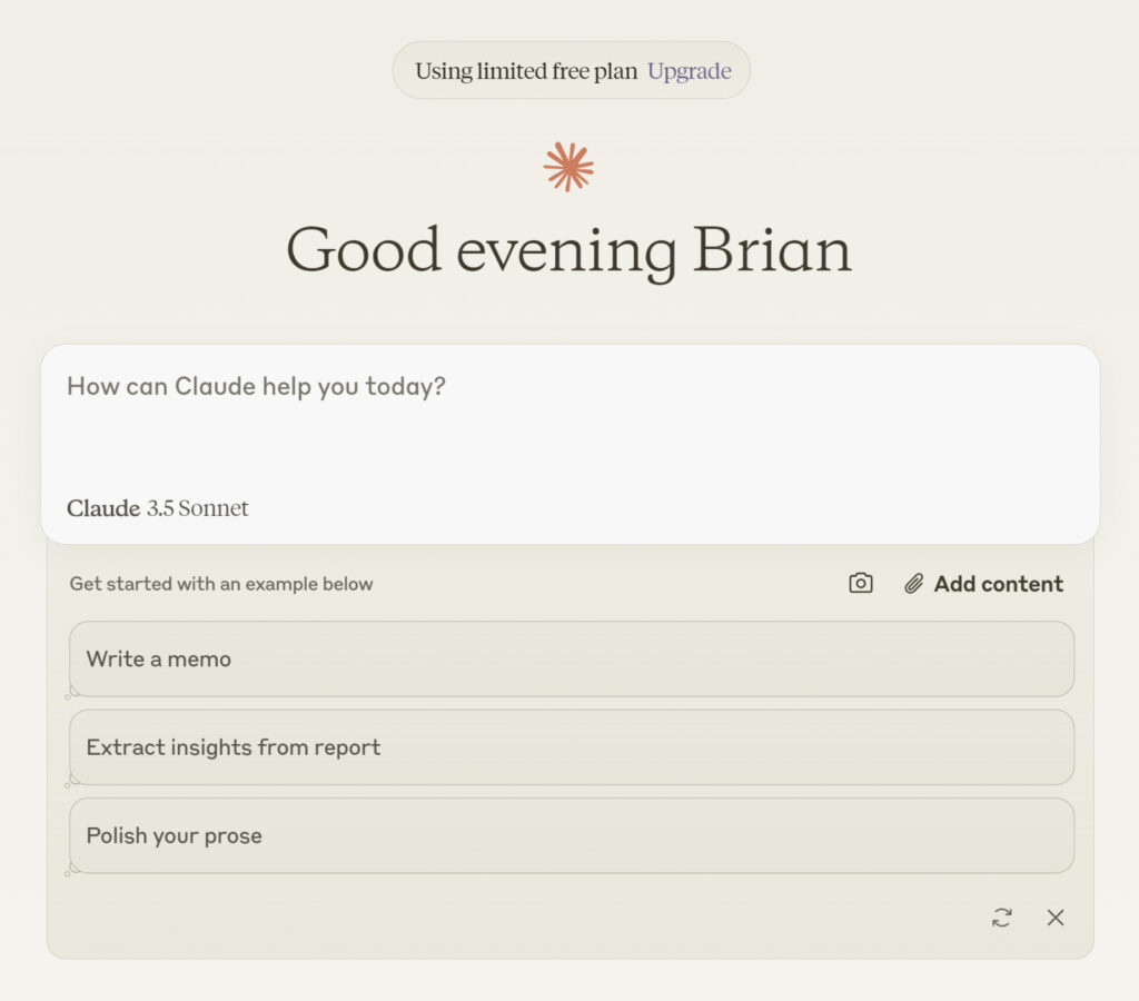 Buenas tardes, Brian. Cuadro de texto con "¿Cómo puede Claude ayudarte hoy?" 