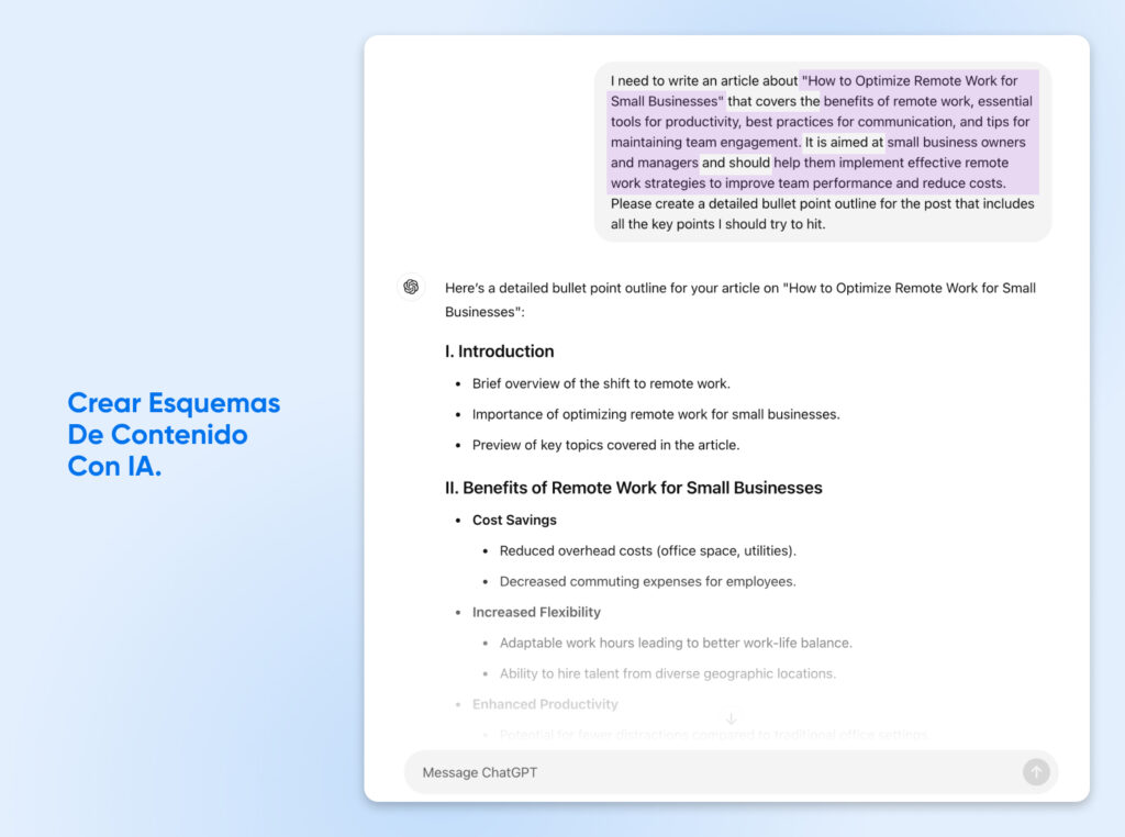 Captura de pantalla de ChatGPT creando un esquema con el prompt anterior ingresado, con campos desarrollados como "Cómo optimizar el trabajo remoto para pequeñas empresas" insertado como título.