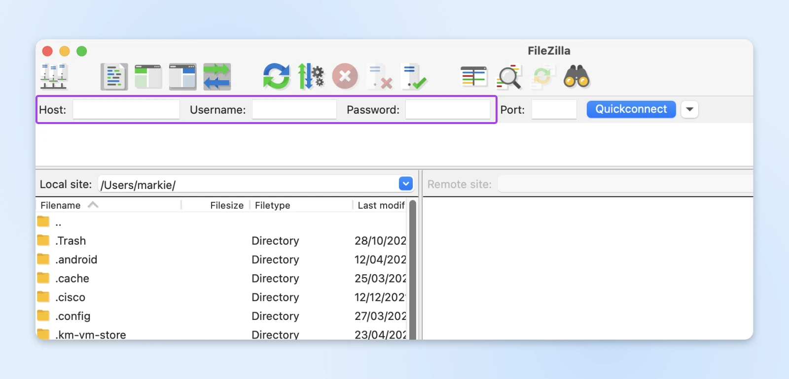 screenshot of Filezilla screen bringing attention to the "host, username, password" fields at the top