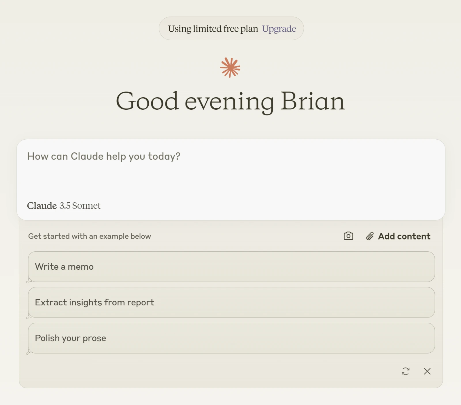 Good evening Brian. Text box with "How can Claude help you today?" 