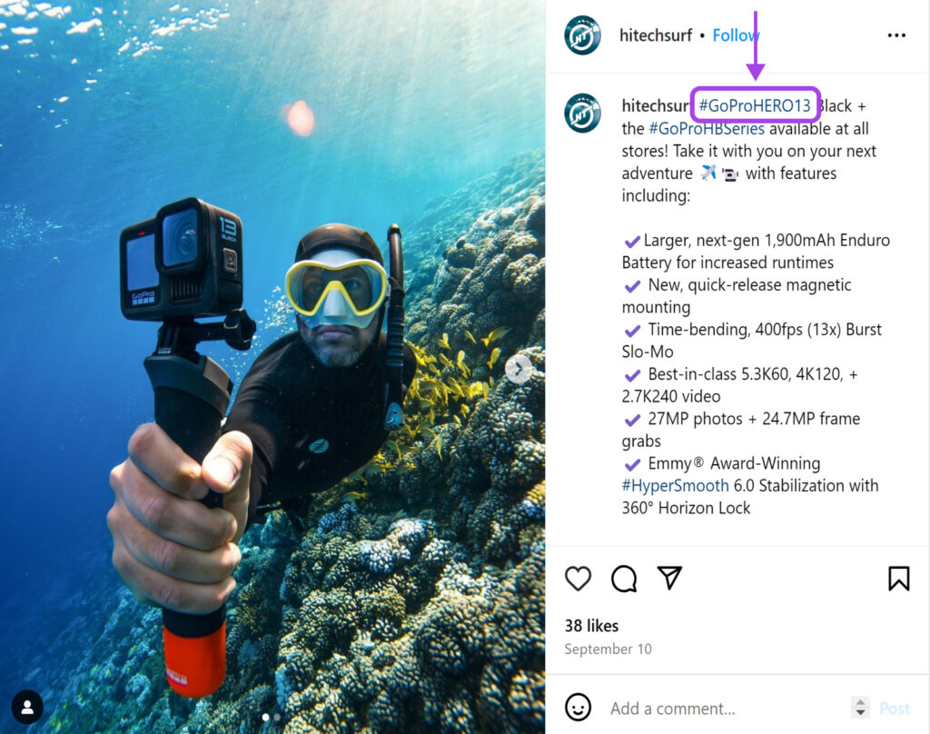 Publicación de Instagram de @hitechsurf con una imagen de un buzo en traje de neopreno junto al coral sosteniendo una GoPro, etiquetando #GoProHERO13 en su primer comentario.