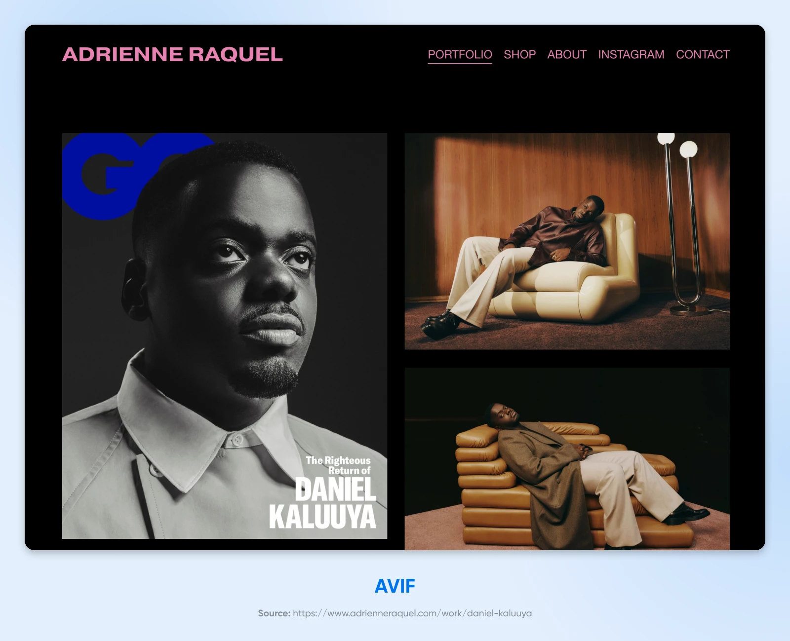 screenshot from Adrienne Raquel website showing three clear, crips images in a grid