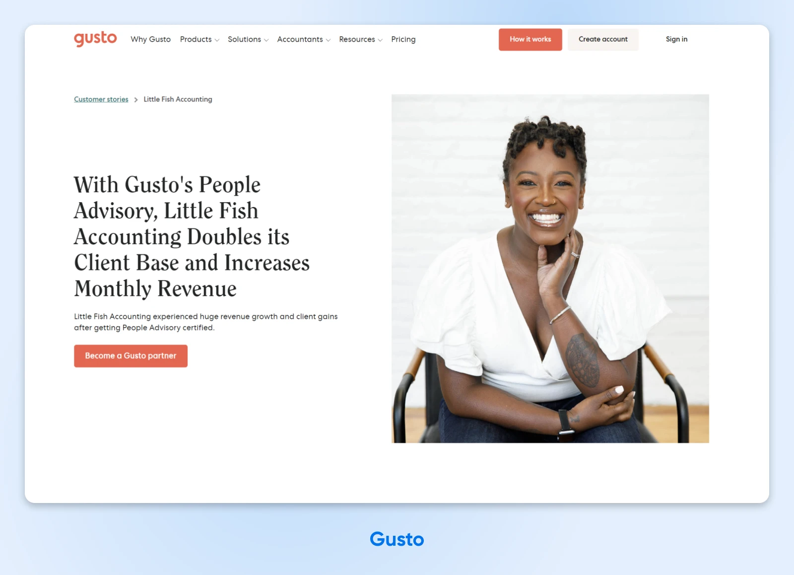 Captura de tela do post do blog Gusto intitulado, "Com o People Advisory da Gusto, a Little Fish Accounting Dobra sua Base de Clientes e Aumenta a Receita Mensal." 