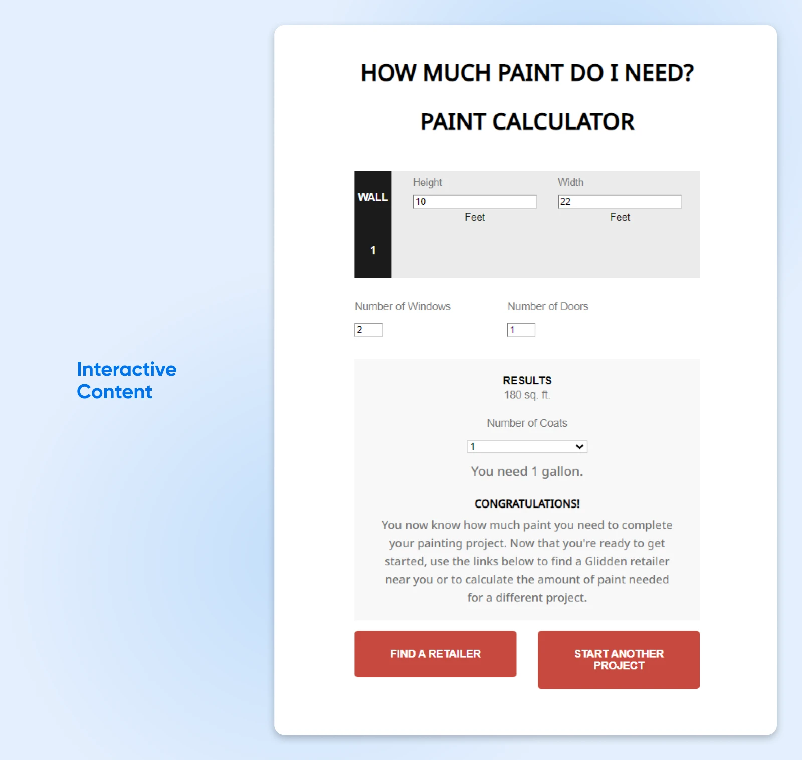 Screenshot of Glidden's paint calculator with inputs for "height," "width," "number of windows," and "number of doors," and a resulting calculation in 180 square foot for 1 gallon of paint required. 