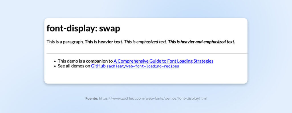 Captura de pantalla "font-display: swap" con el texto: este es un párrafo. Este es un texto más grueso (en negrita). Este es un texto enfatizado (en cursiva). Este es un texto más grueso y enfatizado (en cursiva y negrita).