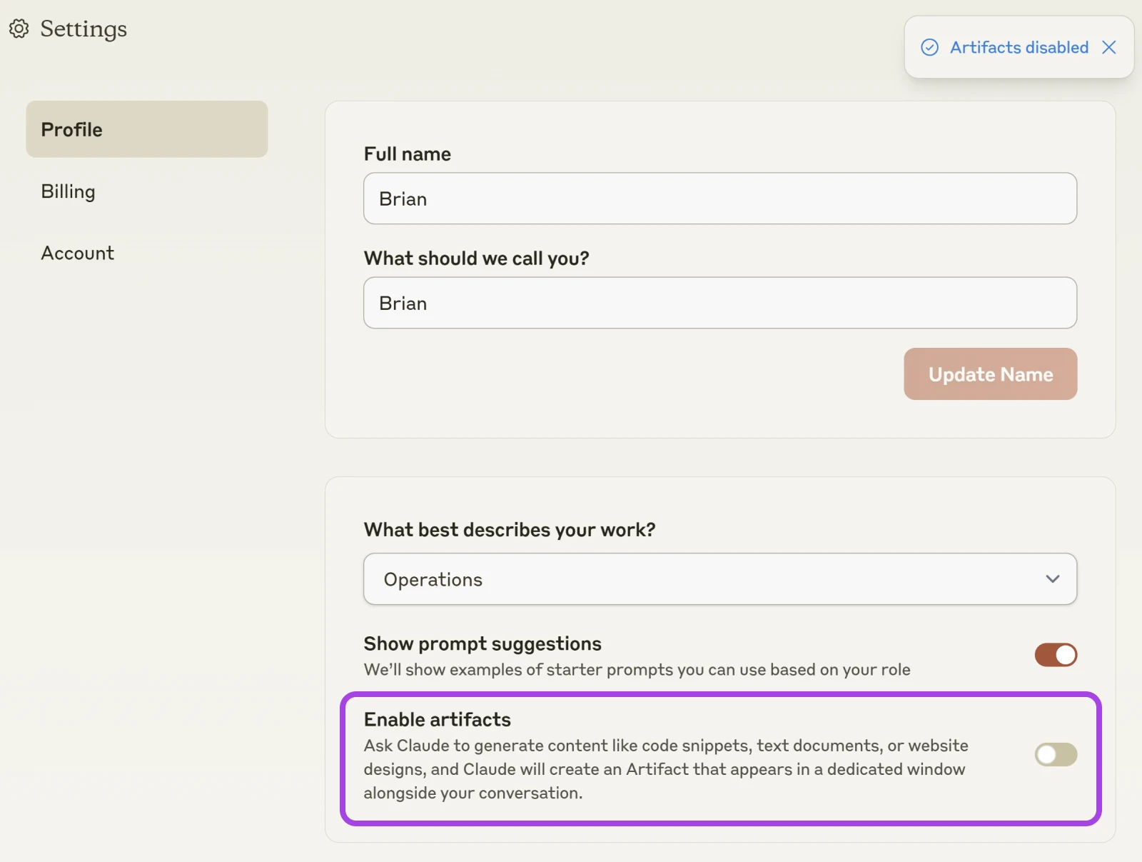 Profile settings with text boxes for Full name and what should we call you? attention box around "Enable artifacts" and toggle switch. 