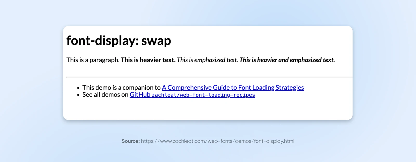 screenshot "font-display:swap" with text: this is a paragraph. This is heavier text (in bold). This is emphasized text (in italics). This is heavier and emphasized text (in italics and bold). 