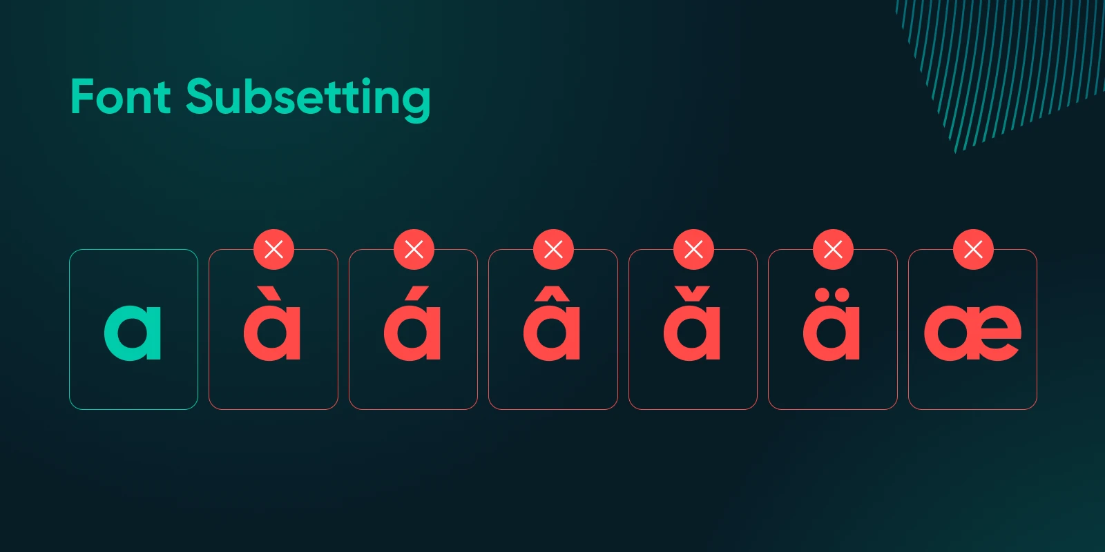 an abstract illustration showing font subsetting, where the letter "a" is being extracted and separated from a larger font file