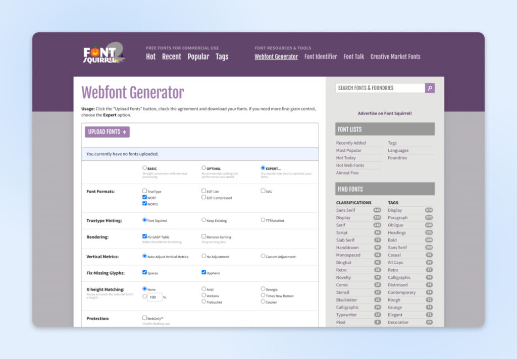 Una interfaz web para el Generador de Fuentes Web de Font Squirrel que muestra las opciones de conversión de fuentes y la configuración de formatos.