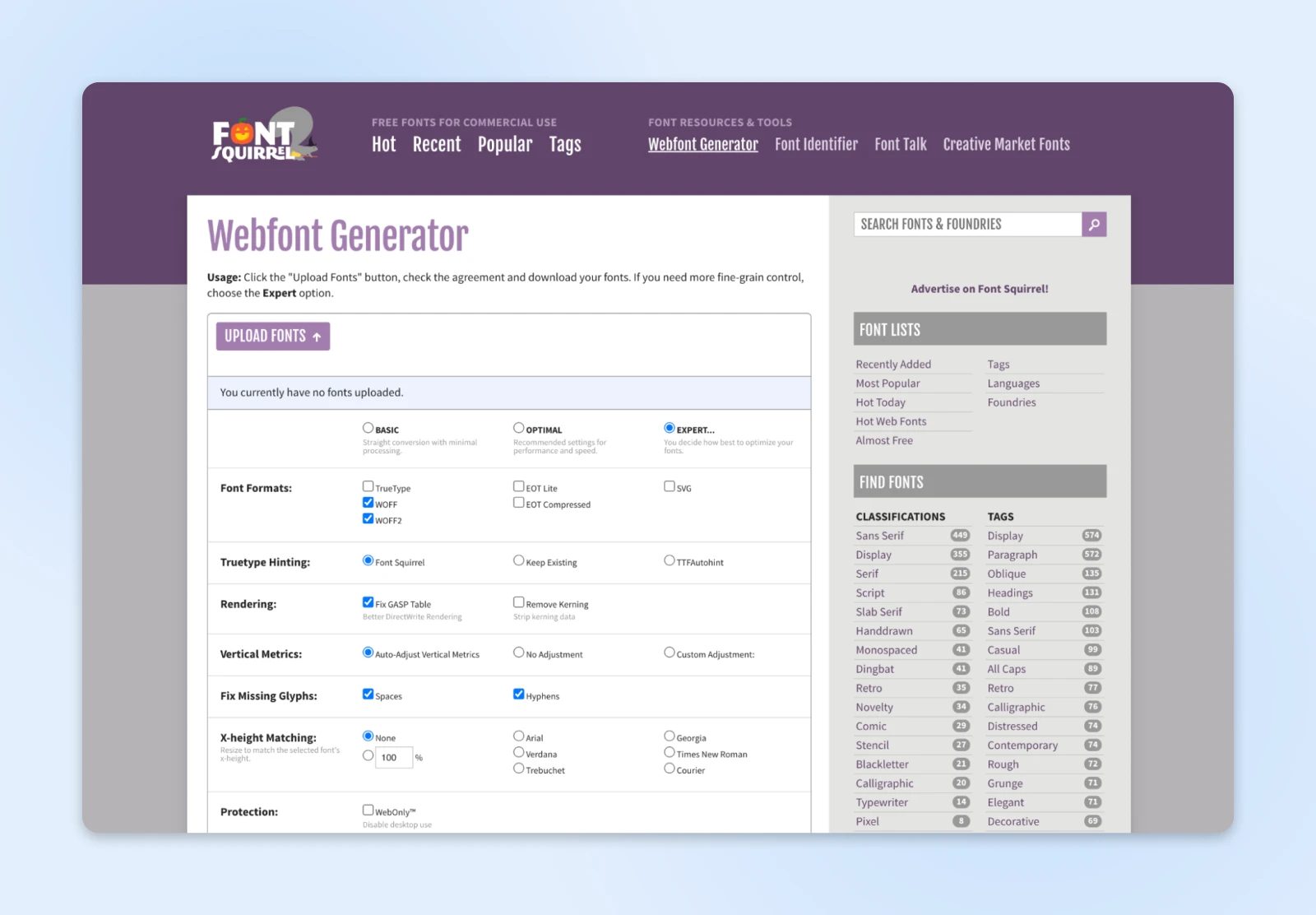 A web interface for Font Squirrel's Webfont Generator showing font conversion options and format settings.