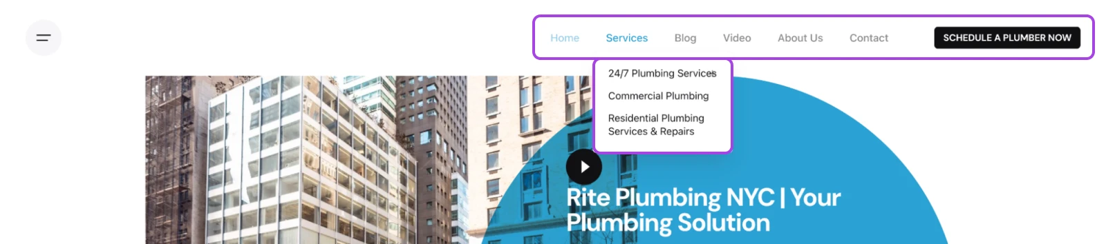 screenshot of the top section of Rite Plubming NYC's website with attention to the drop-down under "Services" 