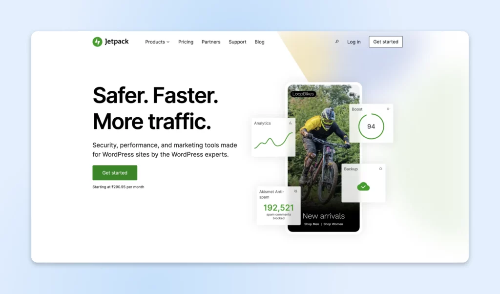 Marketing landing page showing Jetpack's WordPress optimization features with graphics of performance metrics and mobile devices.