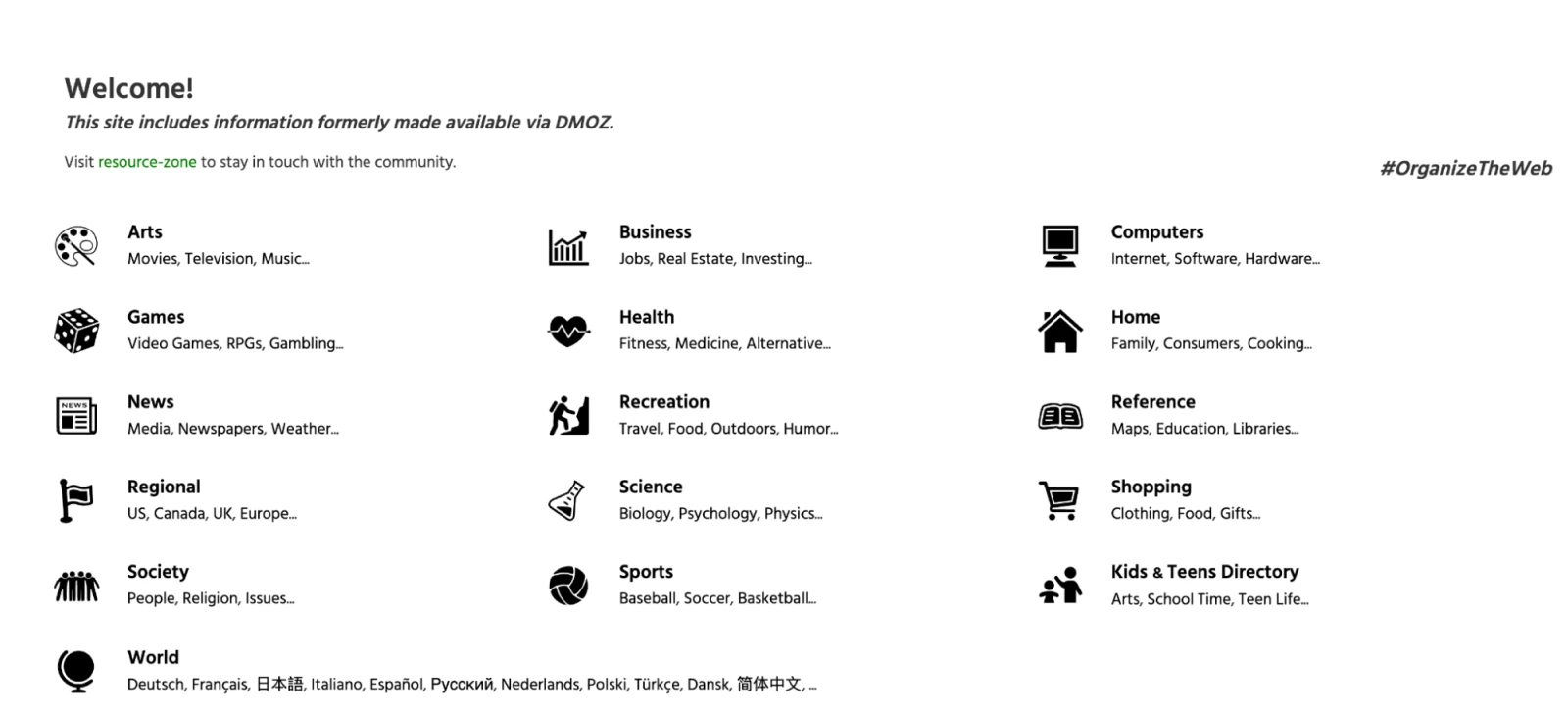 DMOZ screenshot showing several icons and categories like arts, regional, business, reference, shopping, and more. 