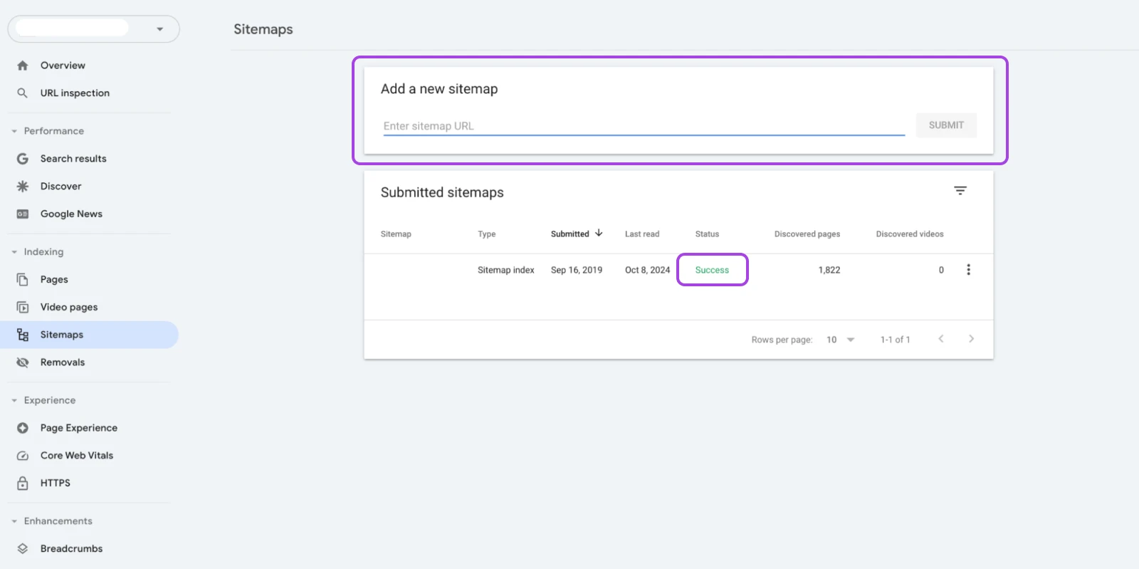 Скриншот вкладки Sitemaps в GSC с фокусом на поле «Добавить новую карту сайта» и последующим статусом «успех», отображаемым после отправки.