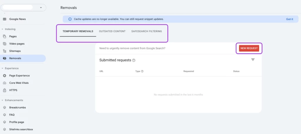 скриншот вкладки "Удаления" в GSC с акцентом на вкладку "Временные удаления" и кнопку "Новый запрос" красного цвета справа.