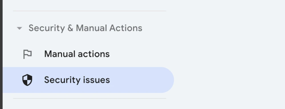 увеличение на вкладке GSC с опциями уведомления, сфокусированное на вкладке "проблемы безопасности" под "безопасность & ручные действия." 