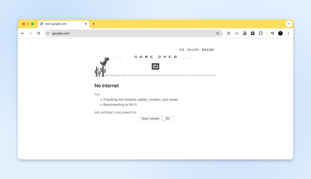 Pantalla de Chrome con dinosaurio encabezando "Juego terminado" Sin internet.