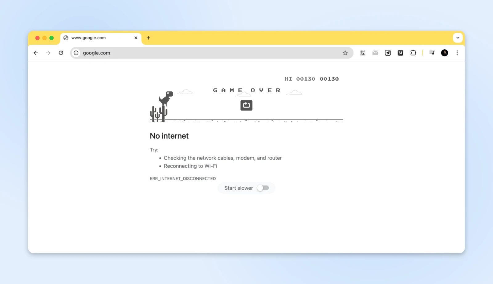 Chrome screen with dinosaur heading "Game Over" No internet