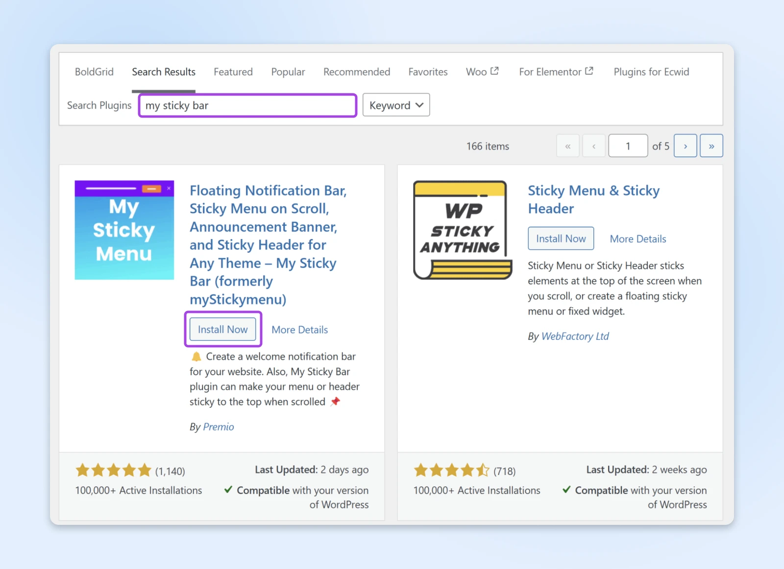zoomed in screenshot of the "My Sticky Menu" plugin showing the search term "my sticky bar" and the subsequent result pointing to the "install now" button 
