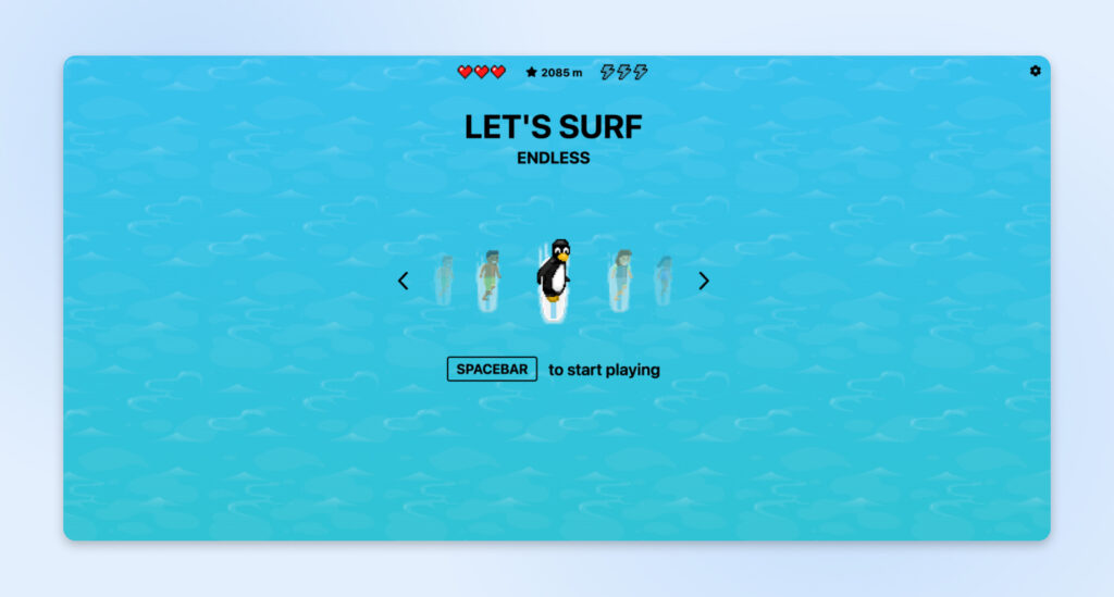 Desplazamiento lateral que permite al usuario elegir entre un pingüino o una persona para jugar al juego "Let's Surf".