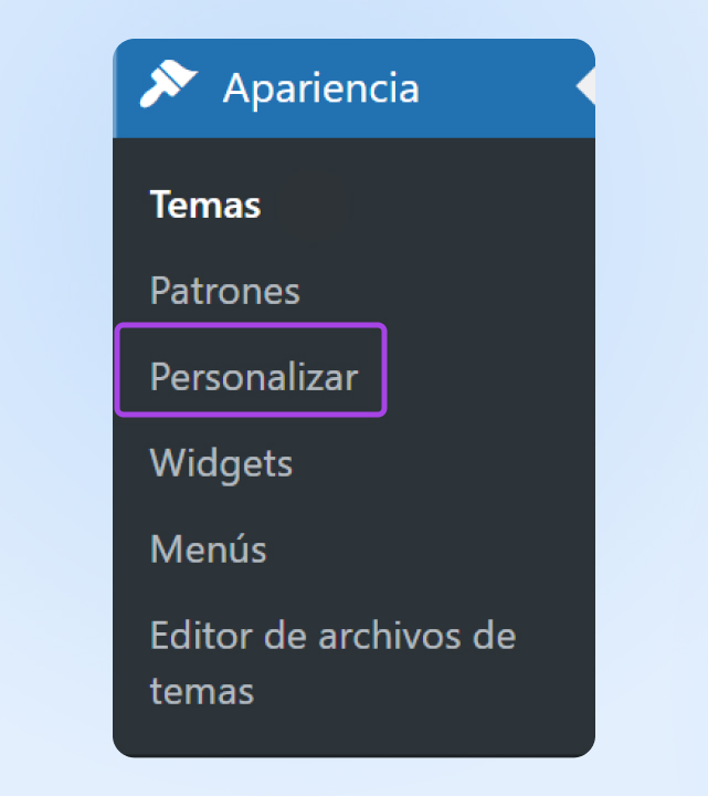 Captura de pantalla ampliada del menú de navegación de WP, destacando el botón "personalizar" debajo de "temas" en "apariencia".