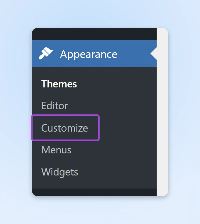 zoomed in screenshot of the WP nav calling attention to the "customize" button underneath "themes" under "appearance" 