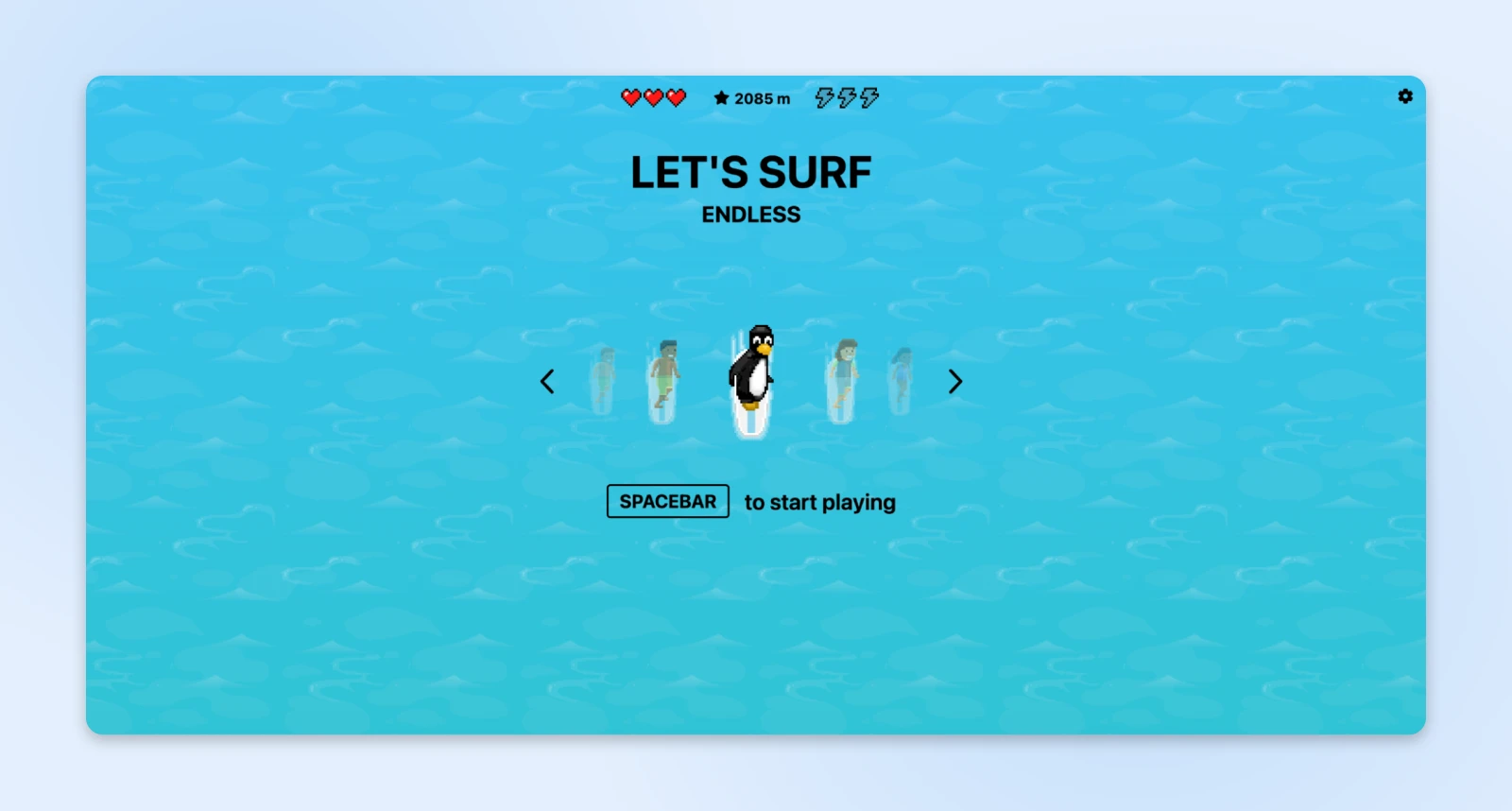 side scroller allowing the user to pick between a penguin or a person to play the "let's surf" game 