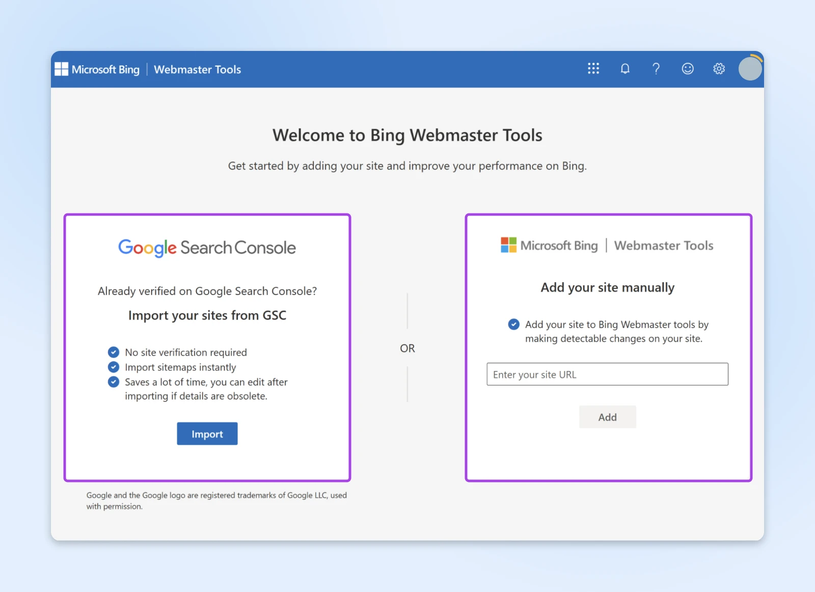 "Welcome to Bing Webmaster Tools" starting menu with an option to add your site either by connecting Google Search Console or manually entering the URL. 