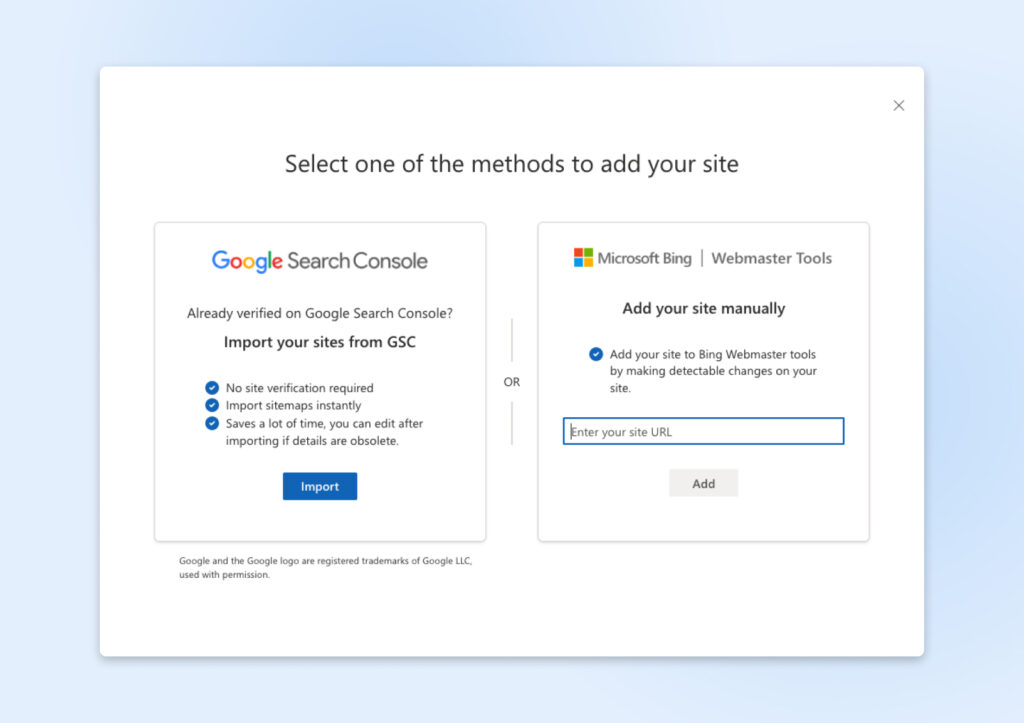 Paso de Bing Mastertool que pide al usuario importar datos desde GSC o ingresar el sitio manualmente.