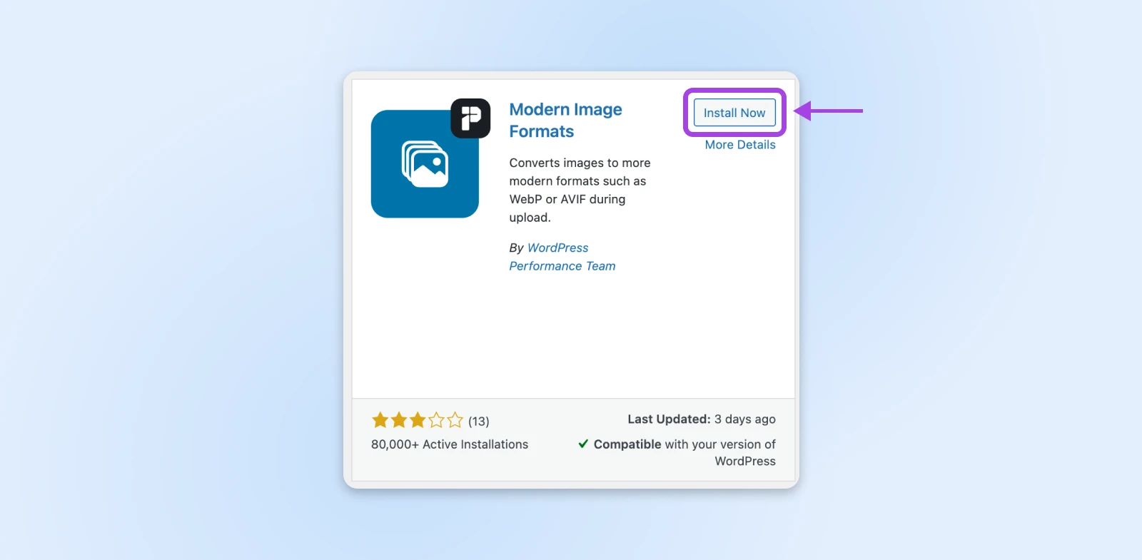 zoom in of the "Modern Image Formats" plugin with attention to the "Install Now" button in the upper right hand corner of the box. 