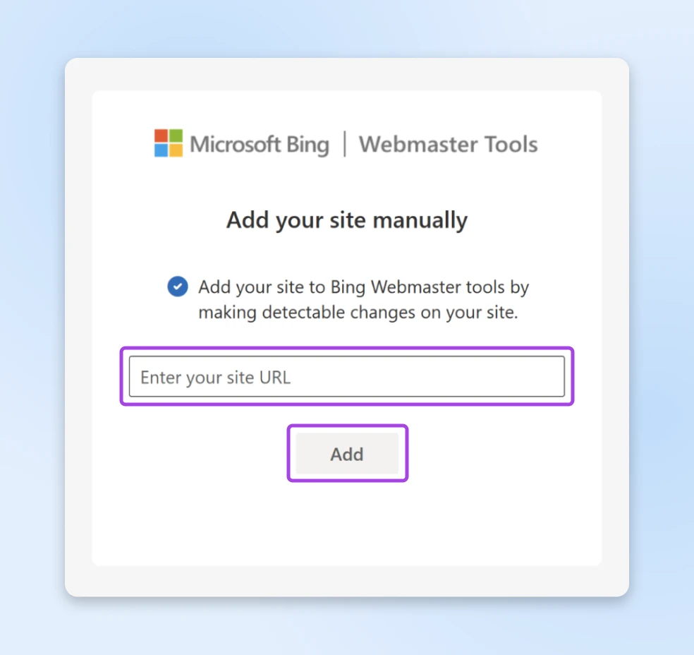 Close up of the "manually enter URL" option with a text box for "Enter your site URL" and attention to the "Add" button 