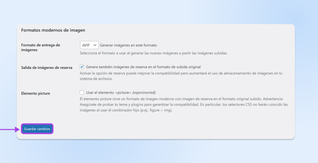 Detalles de "Modern Image Formats" con las opciones "Formato de imagen de salida" configurado en WebP, imágenes de respaldo de salida marcadas y el elemento de imagen desmarcado. Atención al botón "Guardar cambios".