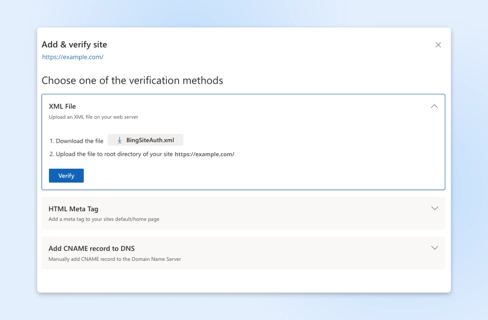 Add & verify site for https://example.com with XML selected for the "choose one of the verification methods" 