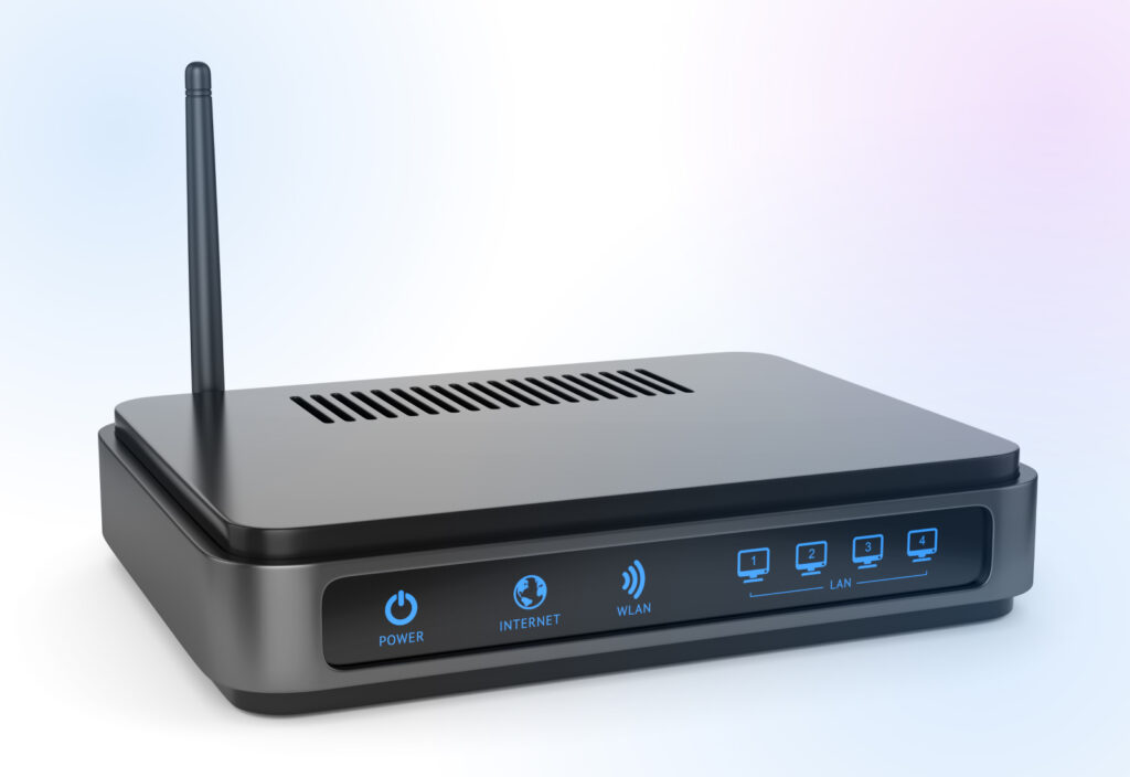 Imagen de un router con todas las luces encendidas: de encendido, internet, WLAN y 4 puertos LAN. 