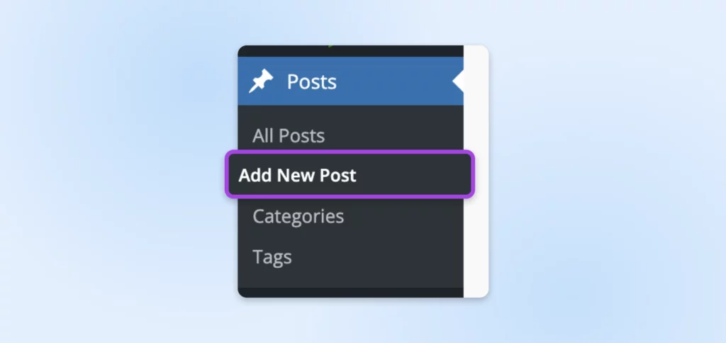 WP nav screenshot focused in on "Add New Post" under the heading "Posts" 