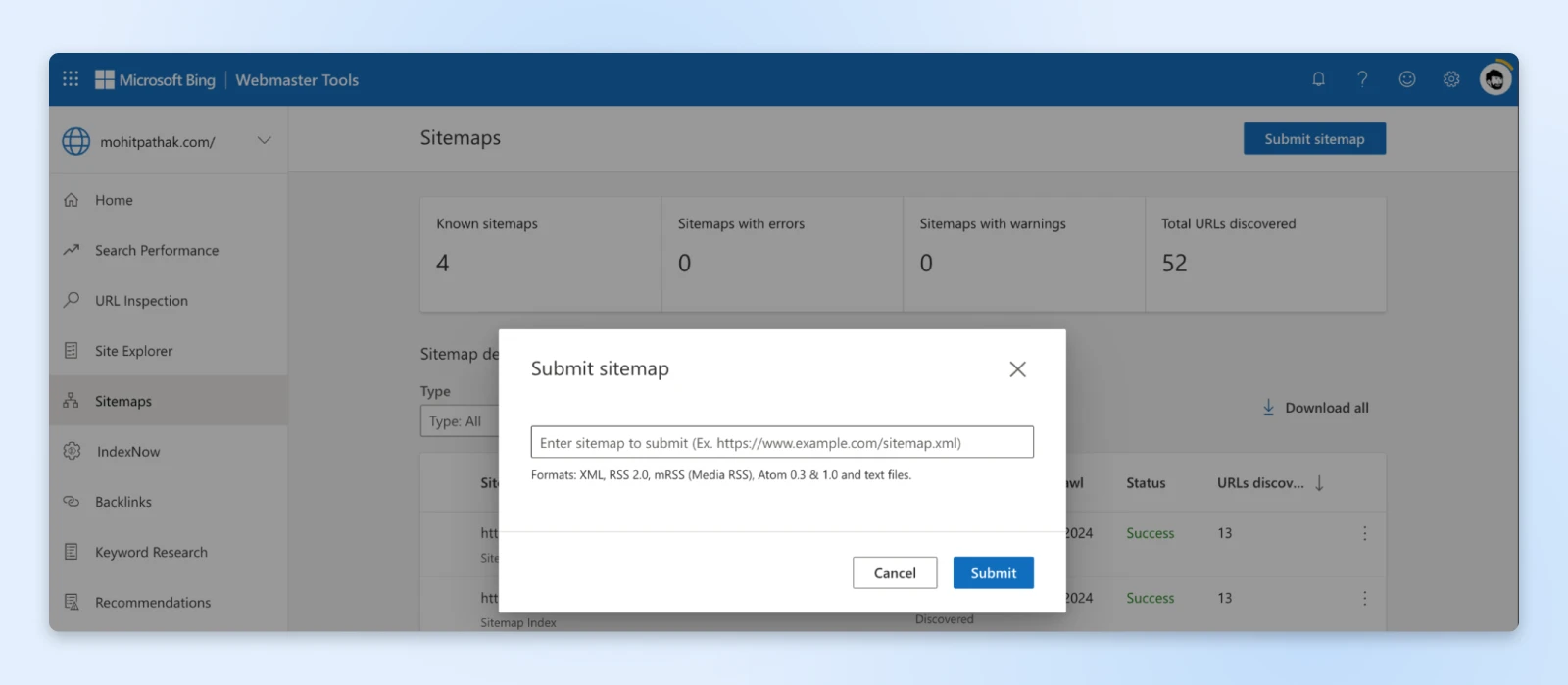 Submit sitemap pop up with prompt to "Enter sitemap to submit (Ex. https://www.example.com/sitemap.xml)