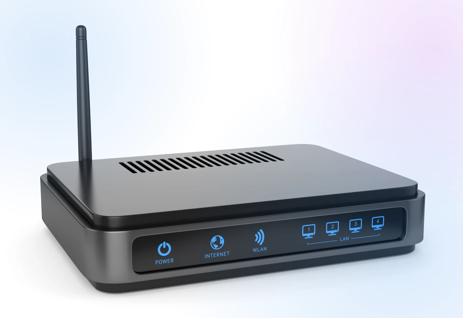 image of a router showing all lights on for power, internet, WLAN, and 4 LAN ports