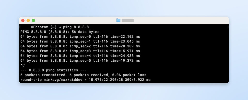 Caja de comandos con "PING 8.8.8.8." ingresado y respuestas de 64 bytes desde 8.8.8.8.: icmp_seq-0" descendiendo hasta 5.