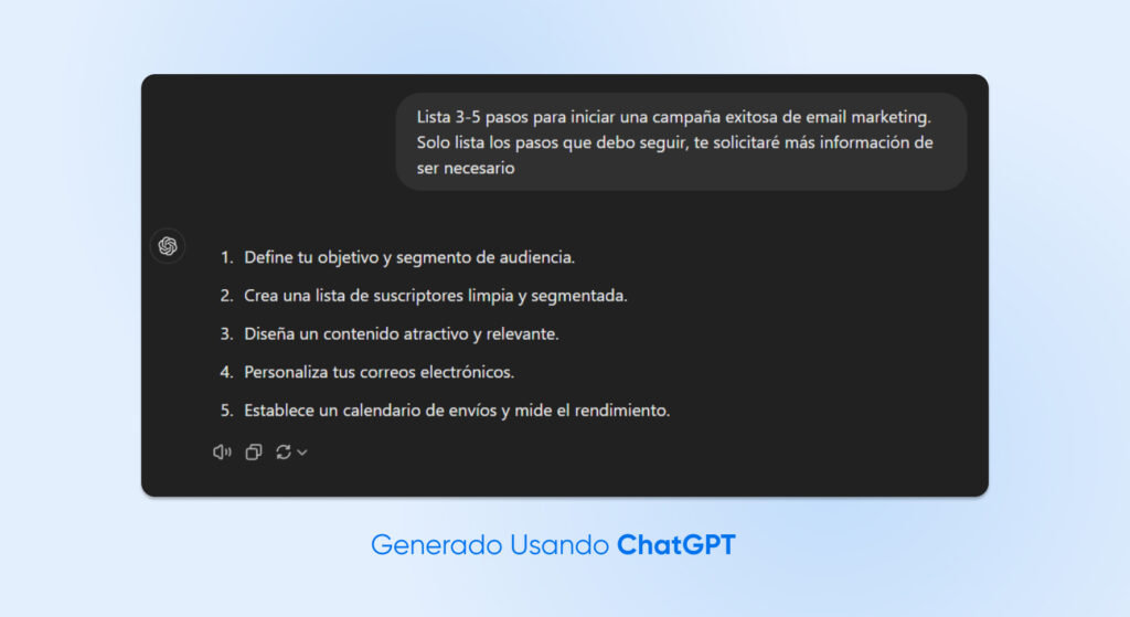 captura de pantalla de una caja de ChatGPT con un mensaje solicitando los pasos necesarios para crear un plan de email marketing con una respuesta de cinco pasos de la IA