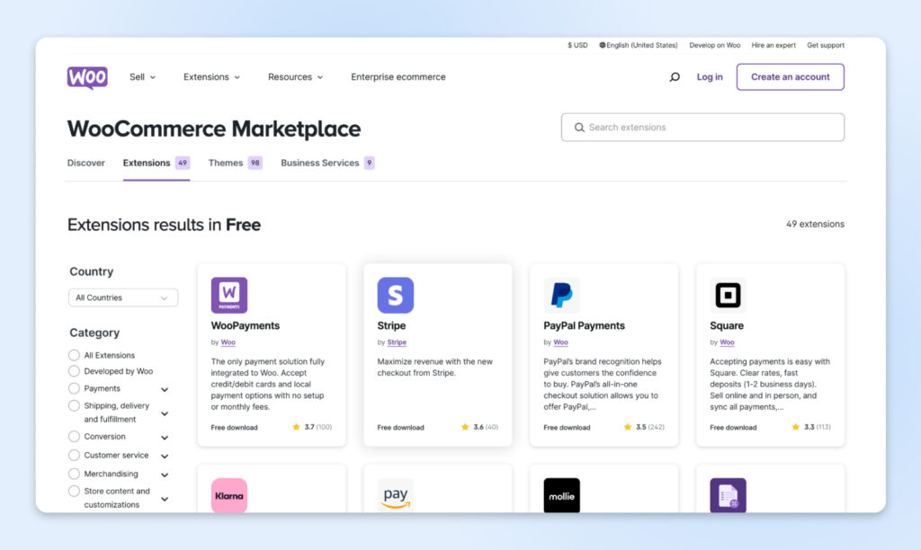 Captura de pantalla del Marketplace de WooCommerce mostrando extensiones de pasarelas de pago como PayPal, Stripe y Square con sus calificaciones.