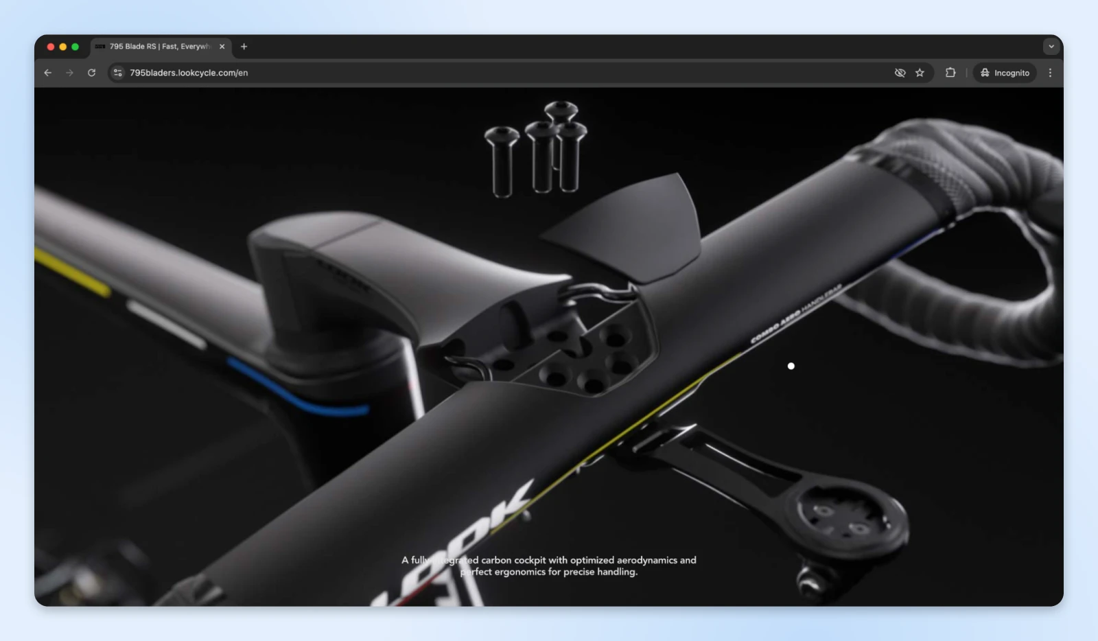 Carbon bicycle handlebar and stem assembly shown in dramatic black studio lighting with floating component details