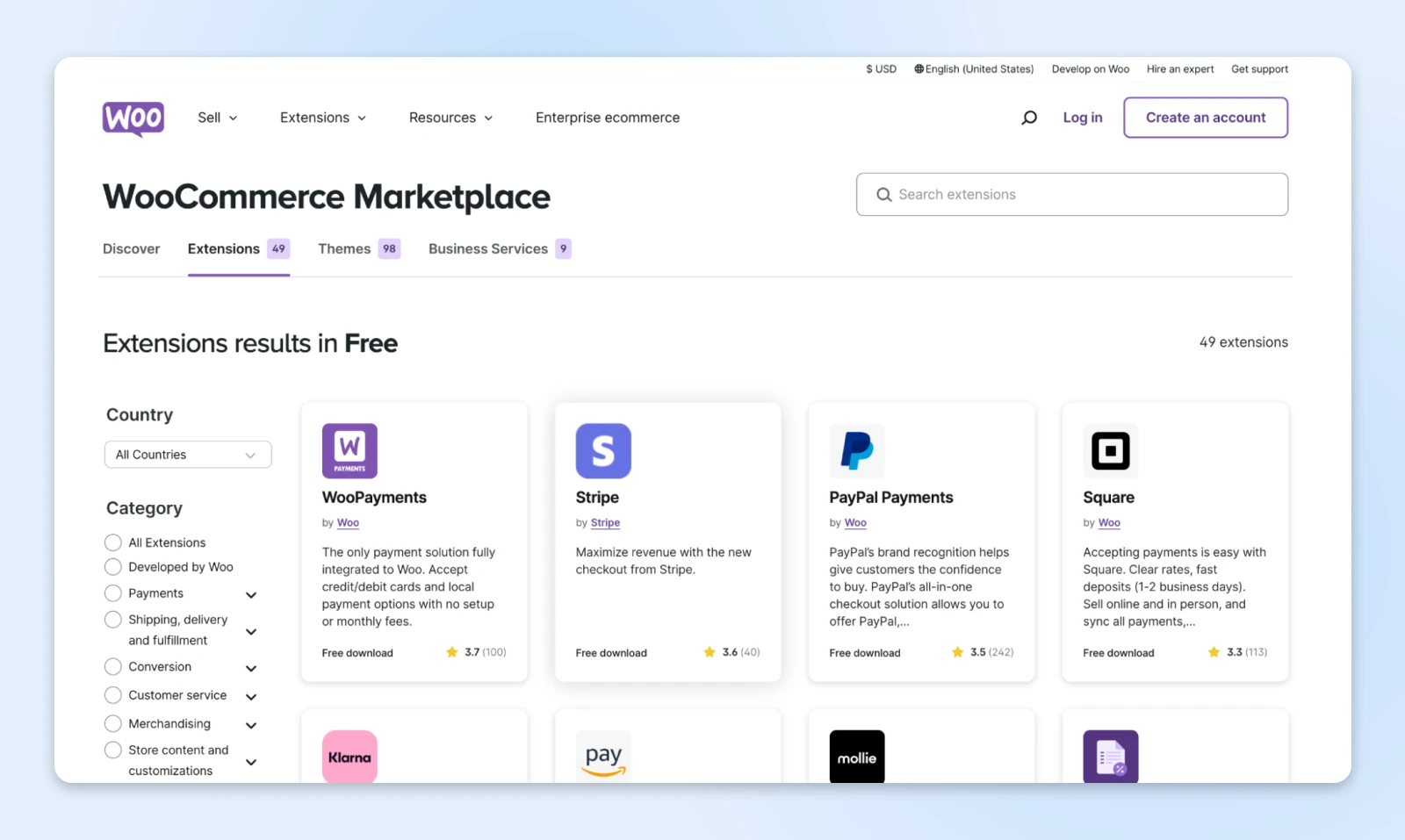 Screenshot of WooCommerce Marketplace showing payment gateway extensions like PayPal, Stripe, and Square with their ratings