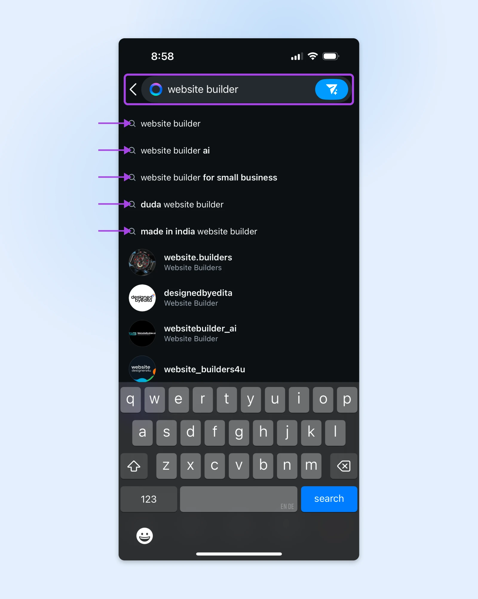 Mobile search interface with 'website builder' query, showing top suggested searches and user accounts marked by purple arrows