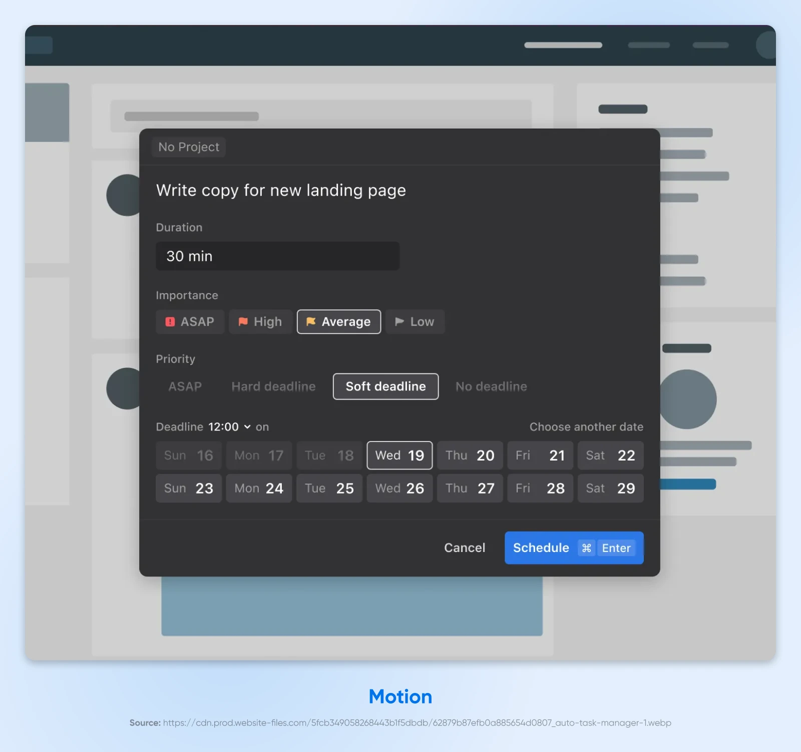 Screenshot of Motion featuring where use has scheduled task "Write copy fo rnew landing page" with duration 30 minutes and importance set to "average" with a soft deadline of wed 19