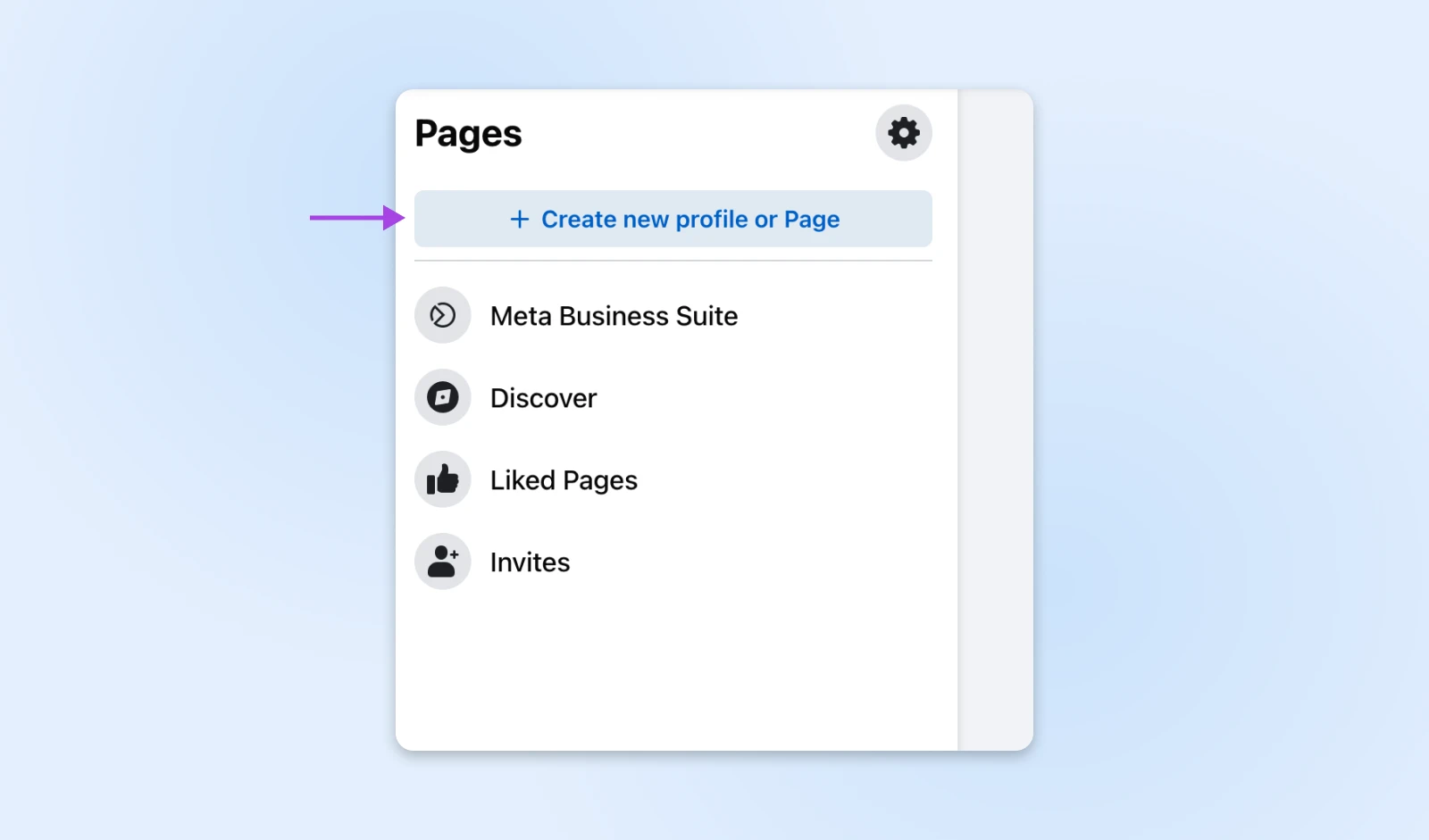 Facebook Pages menu showing options to create new page, access Meta Business Suite, discover pages, view liked pages, and manage invites