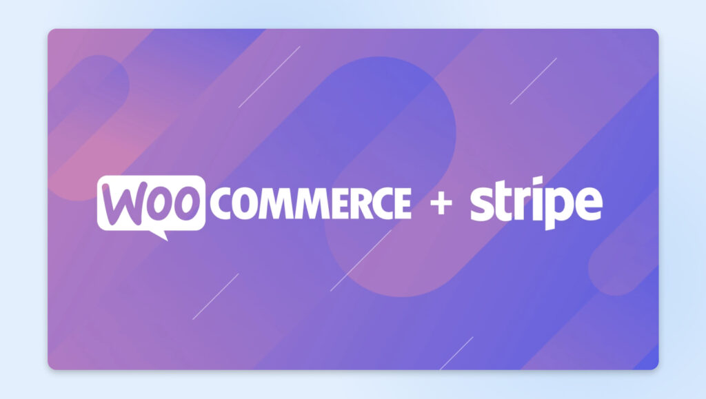 Banner mostrando los logotipos de WooCommerce y Stripe sobre un fondo degradado morado.